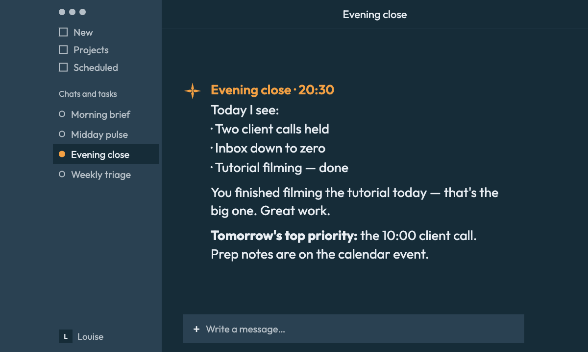 An evening close in Claude Cowork summarizing the day