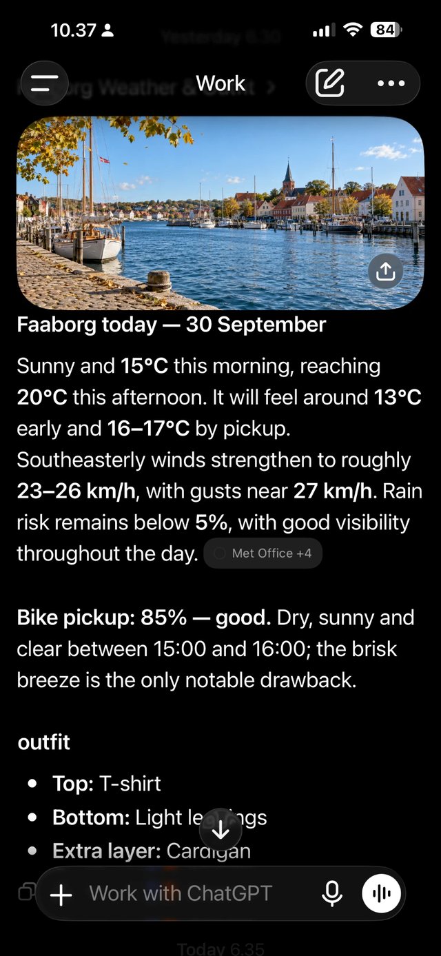 A morning daycare brief in ChatGPT: a sunny harbor picture, the day's weather, a bike pickup score of 85%, and an outfit for my daughter