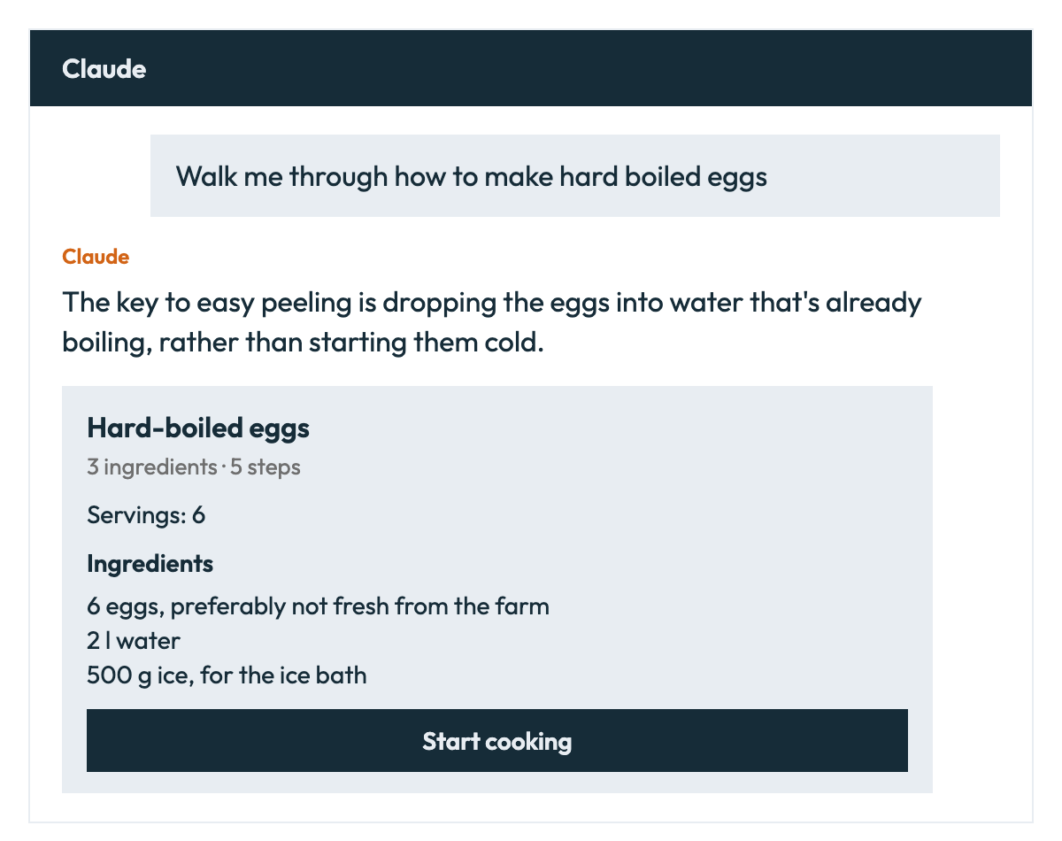 Recreated Claude exchange: I ask how to make hard-boiled eggs, and Claude provides a peeling tip and an interactive recipe card with ingredients and five steps.